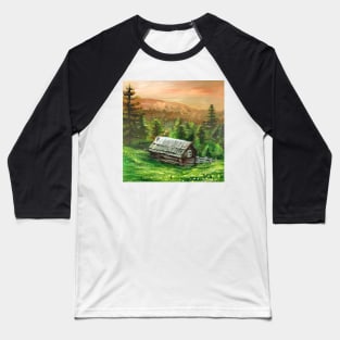 western country farm landscape pine tree old fence mountain rustic log cabin Baseball T-Shirt
